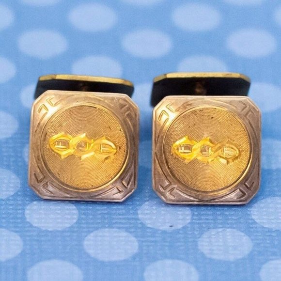 Vintage Chained Link Center Design Geometric Gold Filled Cuff Links by S&S - M32 - Picture 1 of 3